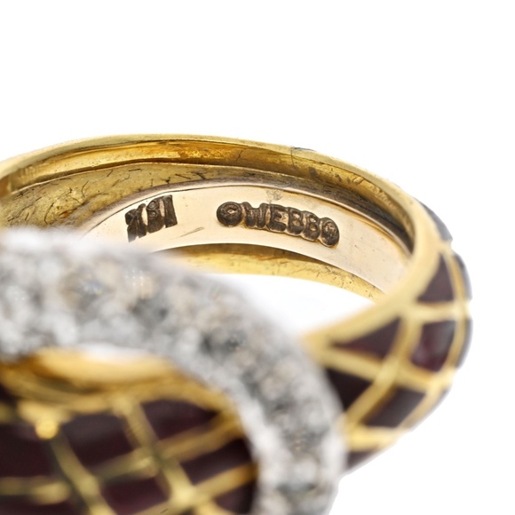 David Webb Platinum & 18K Yellow Gold Brown Enamel Diamond Snake Ring - Picture 3 of 4